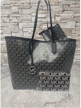 Michael Kors Eliza XL Tote + Pouch & Wallet Set MK Signature Logo Black Metallic